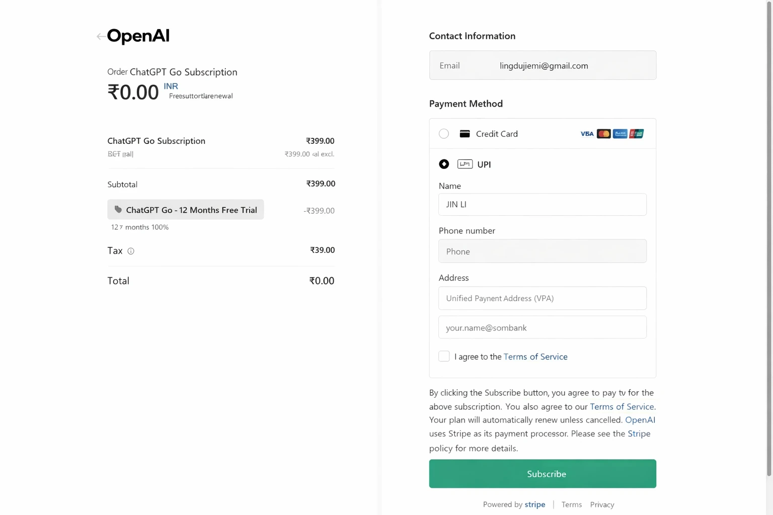 ChatGPT GO Free Plan Selection